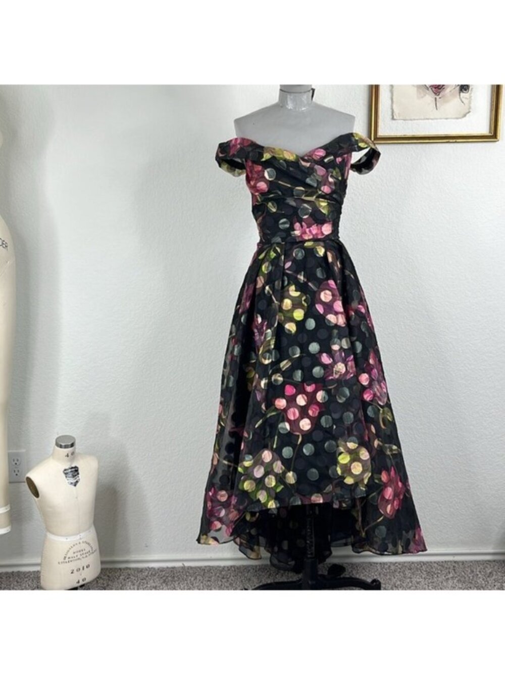 Marchesa Notte Off-The-Shoulder Floral Dress Tulle Dots High Low Pleated Gown